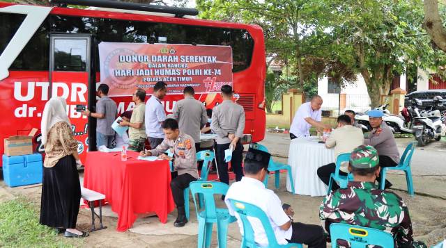 Sambut Hari Jadi Humas Polri ke-74, Polres Aceh Timur Sumbangkan 21 Kantong Darah ke PMI